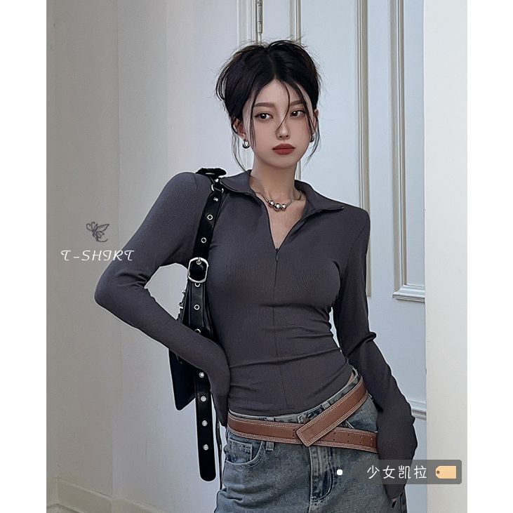 Hot Girl Half-Zip Polo Collar Slim Slim Long-Sleeved T-Shirt Women's Early Autumn Spring New Bottoming Elegant Top Trendy Hot Girl Half-Zip Polo Collar Slim Slim Long-Sleeved T-Shirt Women's Early Autumn Spring New Bottoming Elegant Top Trendy