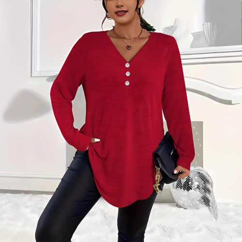 European and American autumn and winter elegant large size women's solid color button long-sleeved shirt