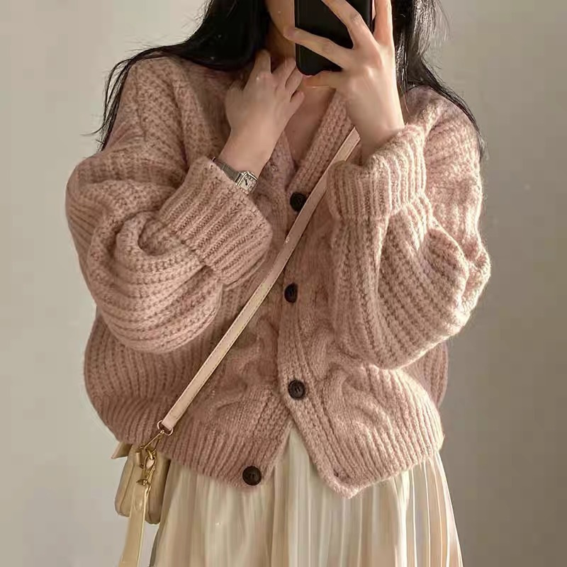 Korean Chic Autum New Lazy Style V Neck Puff Sleeve Hemp Pattern Loose Knitted Cardigan Sweater Jacket for Women
