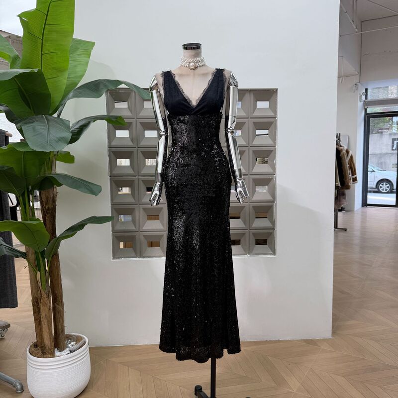 Amazon 2026 Prom Dress: Stylish Goddess V-Neck Patchwork High-Waisted Sequined Mermaid Black Gown Long Dress