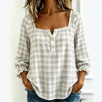 Specialized for Export: French Country Style Checkered Shirt with Princess Sleeves, Loose-Fitting Women's Shirt with Three-Quarter Sleeves
