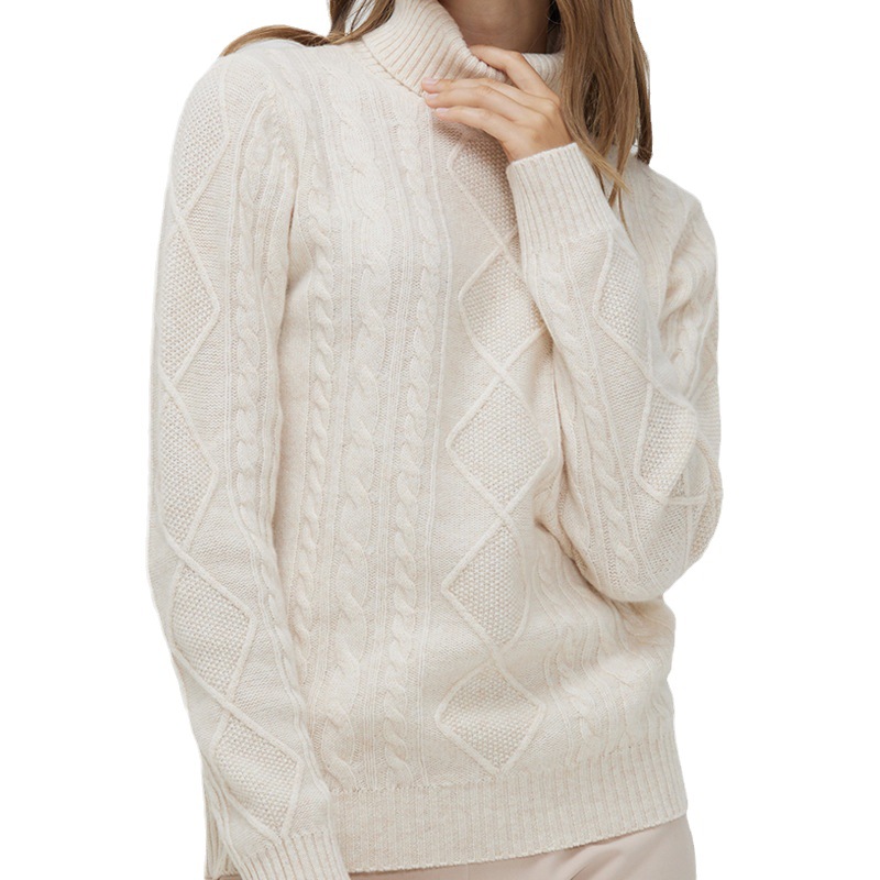 Suéter de lana para mujer, otoño e invierno, jersey de cuello alto, talla grande, grueso, sencillo y versátil, suéter con patrón trenzado, estilo británico.