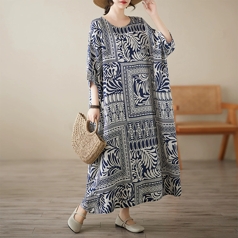 2025 толстая MM большой размер женская литература ретро с круглым вырезом с короткими рукавами свободная большая хлопчатобумажная льняная одежда женская 5623 #