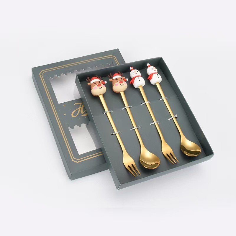Cucharas de acero inoxidable transfronterizas muñecas de Papá Noel cubiertos cajas de regalo caseras de café mezclador cucharas de postre horquilla de frutas