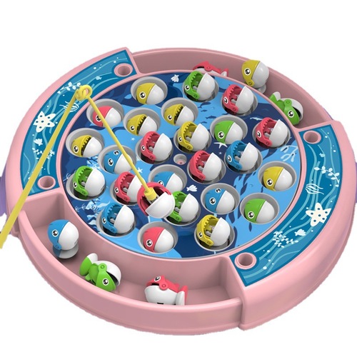 Cross-border electric rotating fishing toy set music magnetic children's educational early education function fishing plate 61 gifts