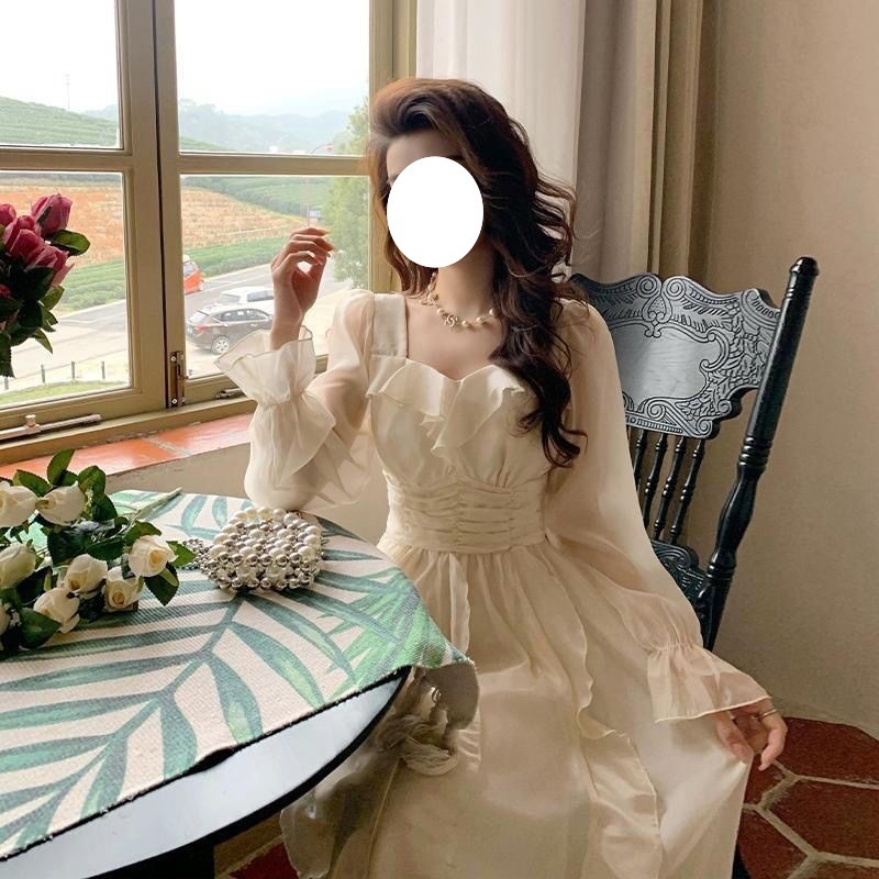 2025早秋小香风设计感杏白色裙子超仙森系甜美收腰显瘦长袖连衣裙|undefined