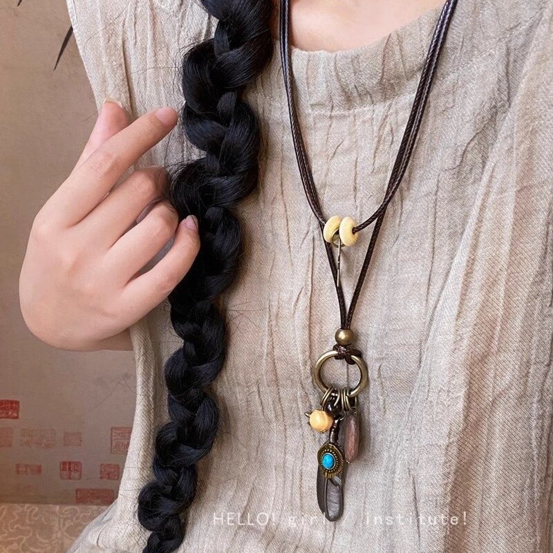 新しい中国風の禅ブロンズフェザーネックレス女性のボヘミアンエスニックスタイル二層ロングセーターチェーンアクセサリー|undefined