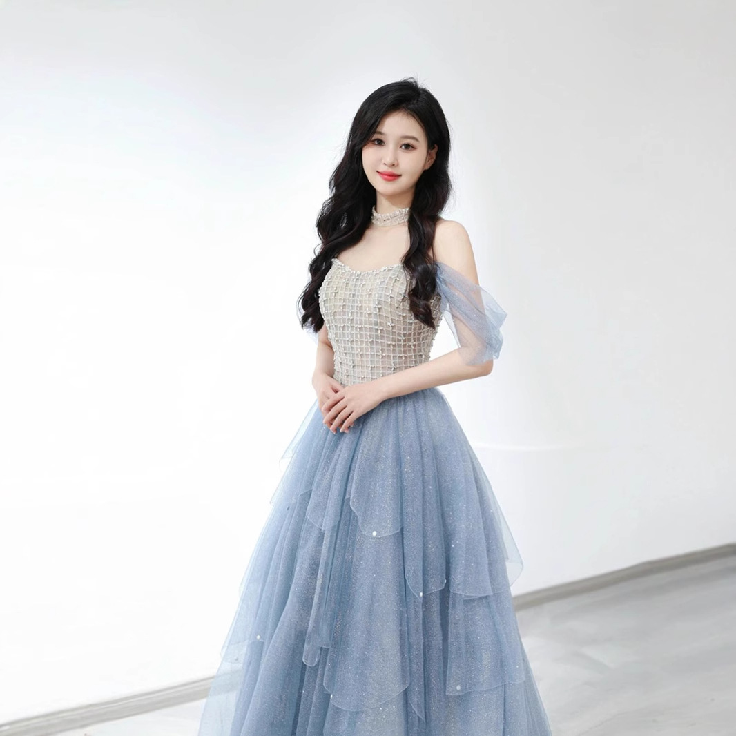 2026 nuevo azul azul azul hombro vestido de princesa piano violín vestido de anfitrión de espectáculo vestido de examen vocal