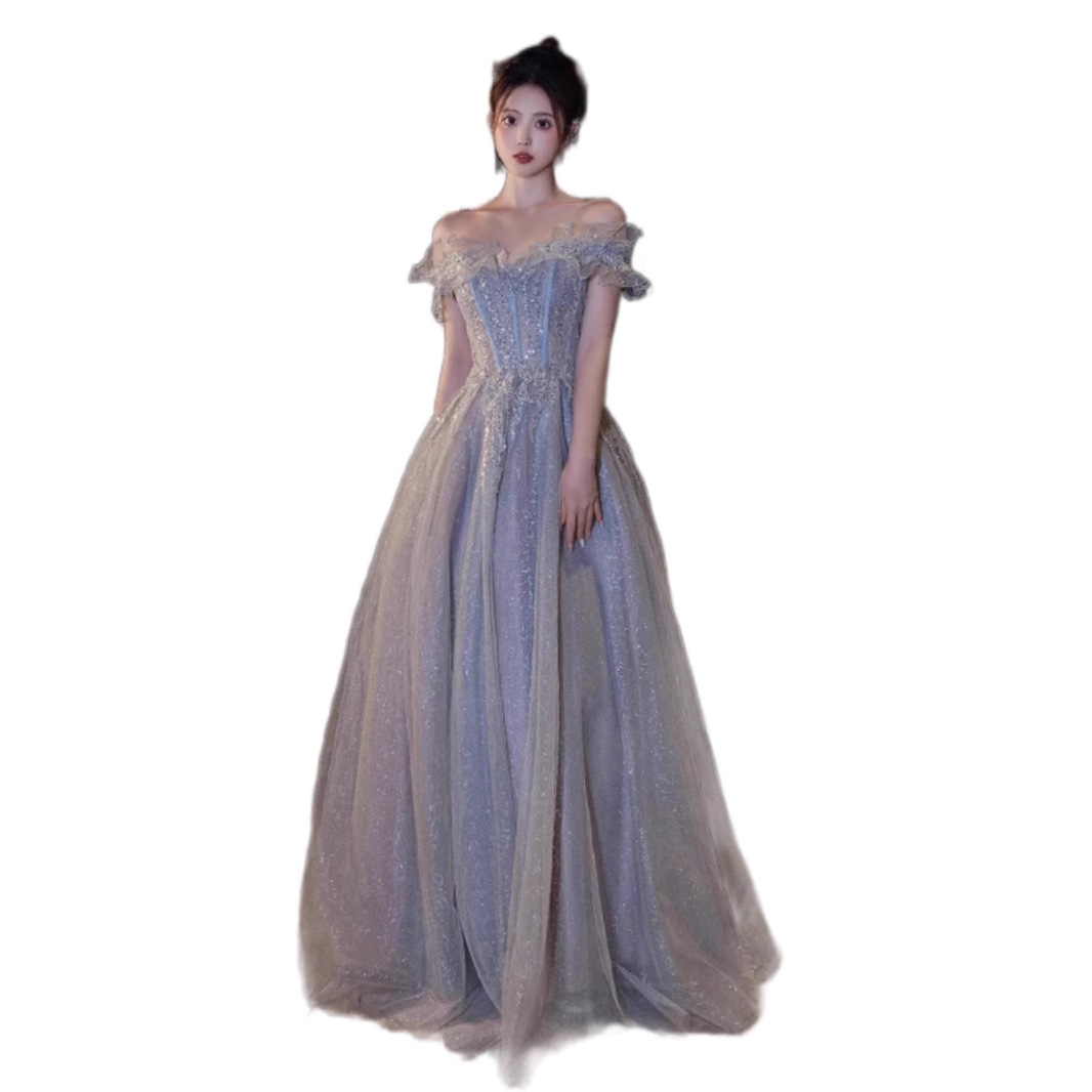 Đầm dạ hội maxi nữ thắt eo ánh sáng xanh sang trọng — Màu xanh lam