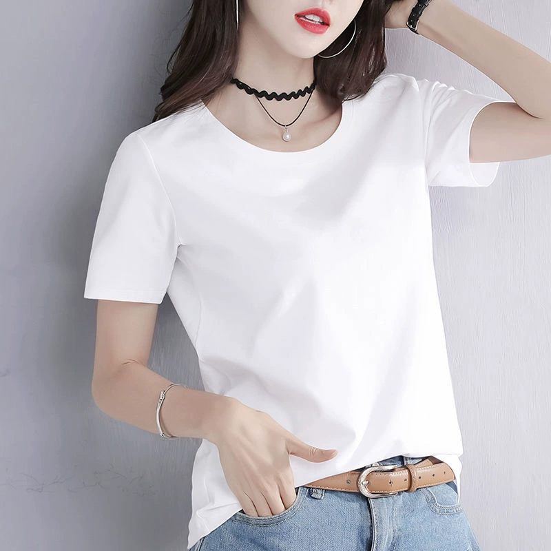 Белая женская футболка с коротким рукавом, летняя, из чистого хлопка, свободного кроя, универсальная, с правым плечом, новая модель 2025 года, однотонная, тонкая.
