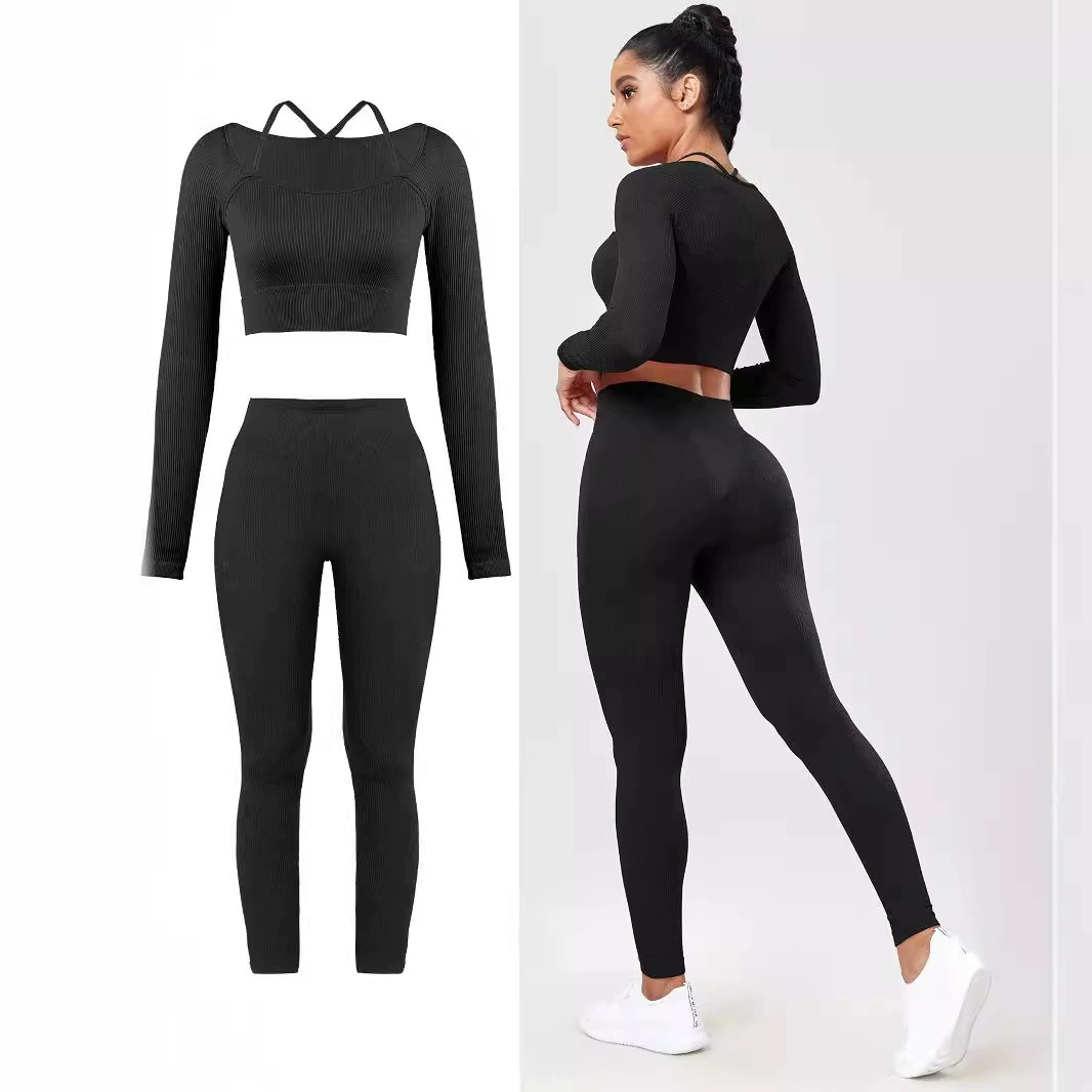 Ритчатый бесшовный пупок женский костюм толстовка эластичная стройная спортивная комплекция на открытом воздухе Йога спортивный костюм женский