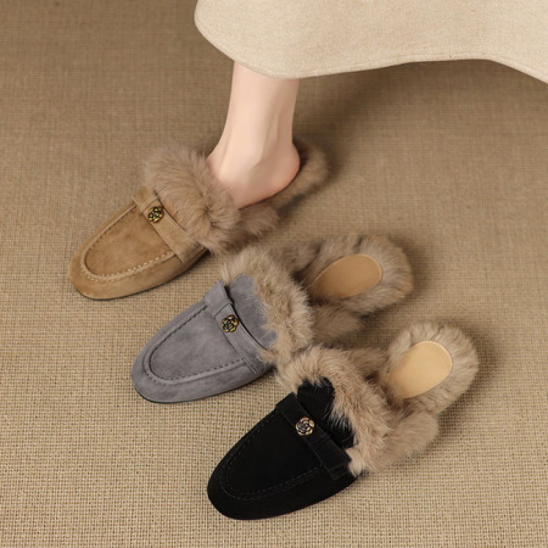 Fluffy Rabbit Fur Warm Frosted Genuine Leather Closed-Toe Mules for Women, Winter Round-Toe Plush Slippers with Fleece for Outdoor Wear