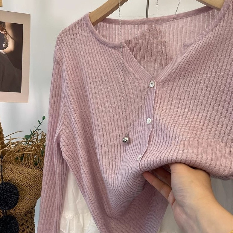 MUYANG burst love color! 30 Wool Vertical Texture Small V-neck Long Sleeve Soft Waxy Short Knitwear Cardigan Spring