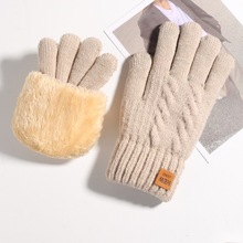 冬季触屏手套女士双层加绒加厚保暖手套防寒可爱毛线针织手套