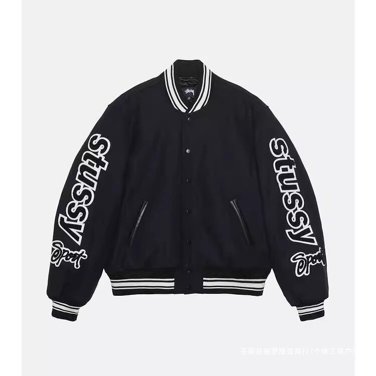 2025 Men's Stussy Double-Sleeve Logo Wool Blend Baseball Jacket