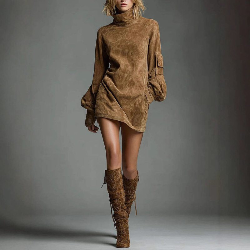 2025 European and American Cross-Border Autumn New Fashion Suede High-Neck Long-Sleeve Pocket Mini Dress 2025 European and American Cross-Border Autumn New Fashion Suede High-Neck Long-Sleeve Pocket Mini Dress