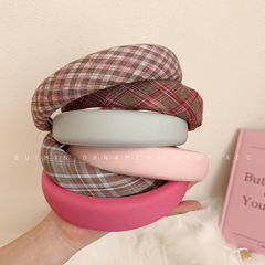 早秋復古格紋發箍高顱頂女2023新款百搭小眾洗臉頭箍粉色海綿發卡