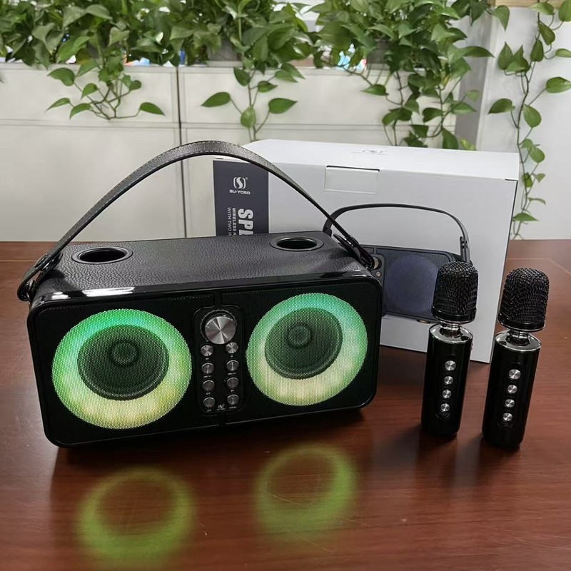 YS609 カラフルなポータブル屋外家庭用レザーテクスチャハイパワー 3600 mAh デュアルワイヤレスマイクカラオケスピーカー|undefined