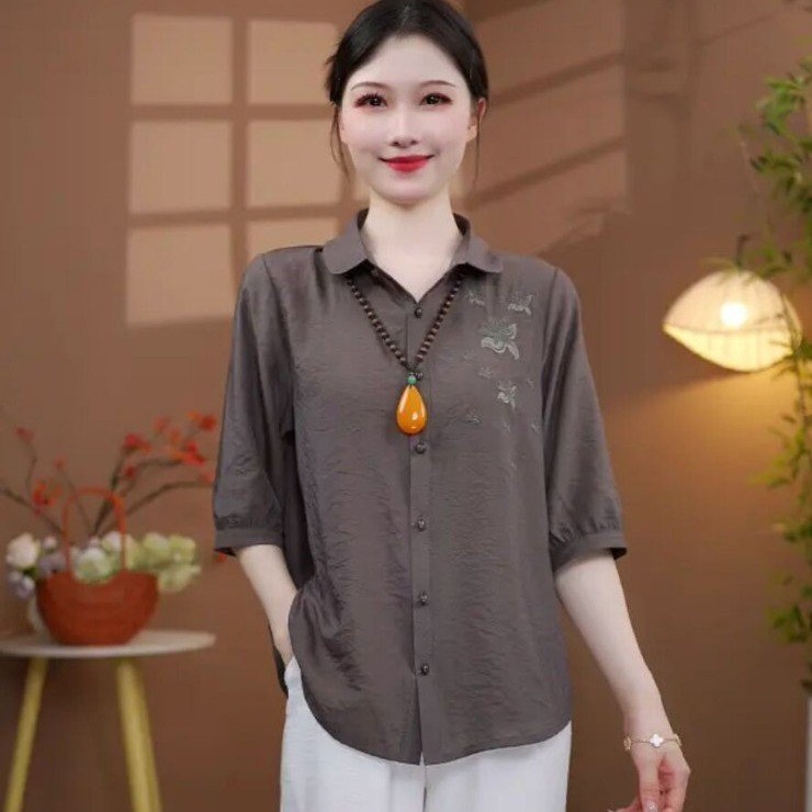 新款夏款气质刺绣翻领中袖T恤衬衫洋气减龄女装宽松薄款遮肉上衣|undefined