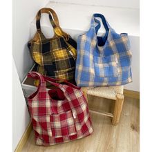 复古毛呢格子单肩双面包撞色麂皮绒托特包韩版慵懒风大容量通勤包