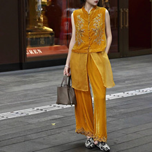 深圳南油2025秋款新中式重工竹叶钉珠真丝丝绒拼欧根纱长款马甲女