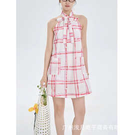 iNSLiSA 小个子法式复古甜美蝴蝶结挂脖无袖连衣裙夏季宽松短裙