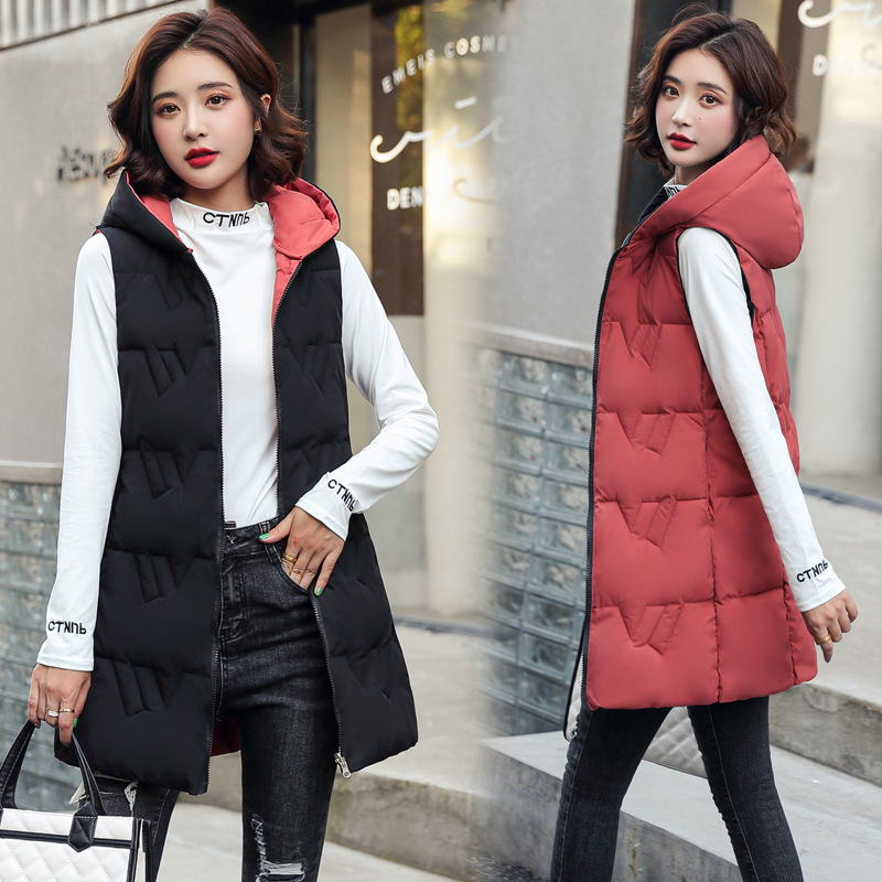 2025 Autumn and Winter Reversible Mid-Length Vest for Women, Korean Style Double-Sided Hooded down Cotton Jacket, Slim Fit Trendy Coat
