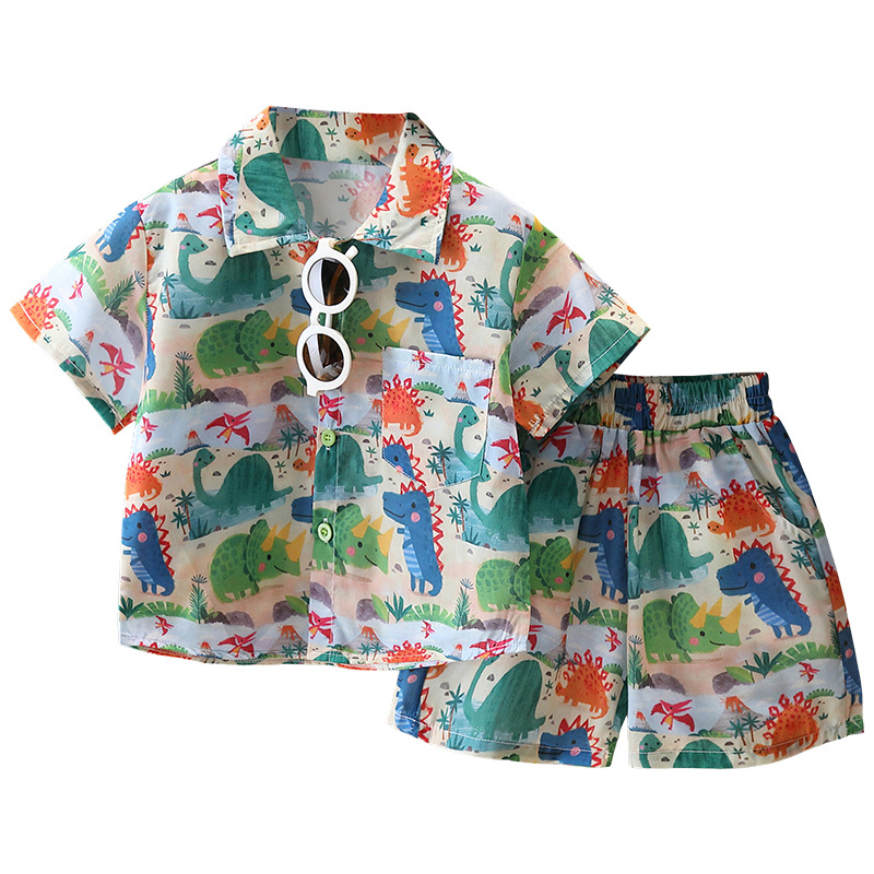 7182 Traje de camisa de dinosaurio para niños 2025 nuevo estilo estilo occidental verano de manga corta ropa de dibujos animados ropa de verano Han Fan para niños