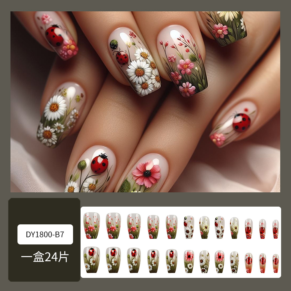 Primavera margarita pintura a óleo de manicura flor mariquita parche de uñas falsas venta transfronteriza ballet tipo uñas