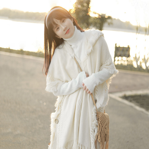 Button shawl bohemian tassel sweater knitted sweater Yunnan Qinghai travel pullover hooded cloak spring and autumn women