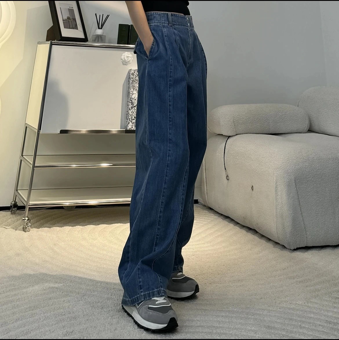 Quần jean nữ ống rộng cạp cao dáng chuối xếp ly denim dễ phối — Màu xanh lam chi tiết 5