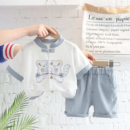 Boys' Summer Suit Set  New Trendy Korean Style Tangzhuang Short Sleeve Two-Piece Set Fashion Children's Baby Clothing
