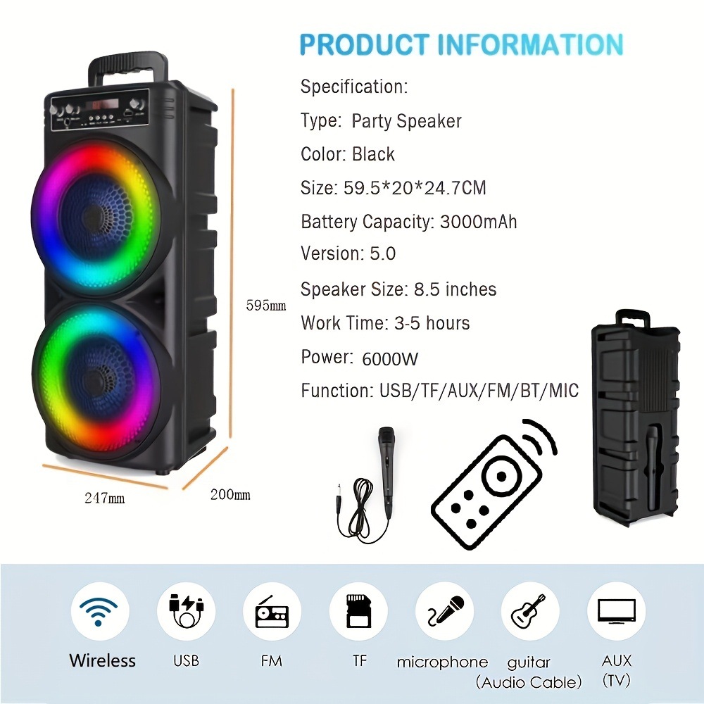 6000W Portable Party Speaker con Dual 8.5 Subwoofers rgb