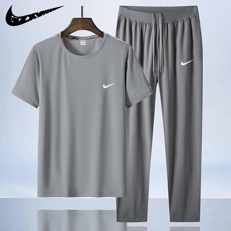 Men's 2024 Summer Sports Leisure suit Men's Ice Silk Short-sleeved Trousers Running Fitness Basketball Suit Two-piece Set