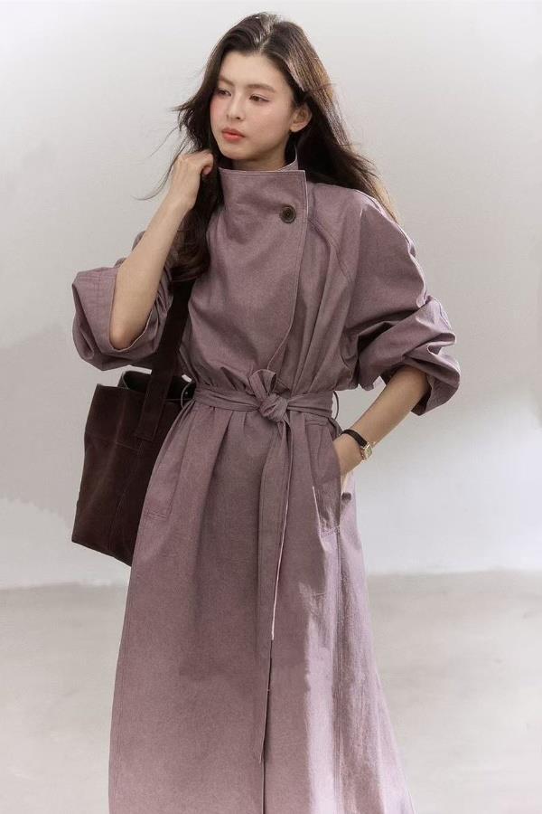 Purple Windbreaker Jacket for Women 2025 New Autum Loose Waist Slimming Look Normcore Long Coat