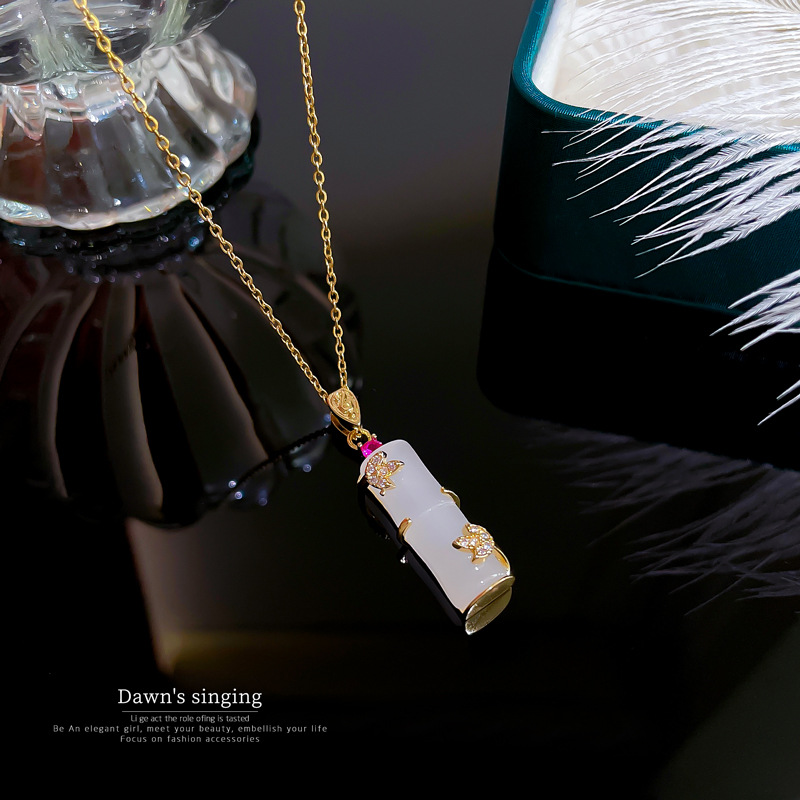 Titanstål jade bambu halsband lyxig micro diamant kedja_voghion.com