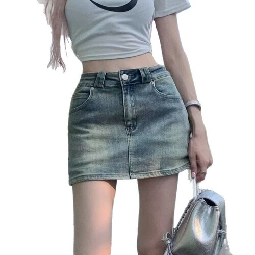 American style spicy water-washed distressed denim half-length skirt for women 2025 summer high-waisted slimming A-line bootcut short skirt