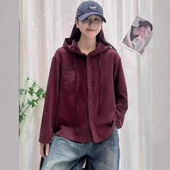 休闲百搭纯色连帽长袖开衫t恤女 2025秋季新款宽松大码衬衣衬衫