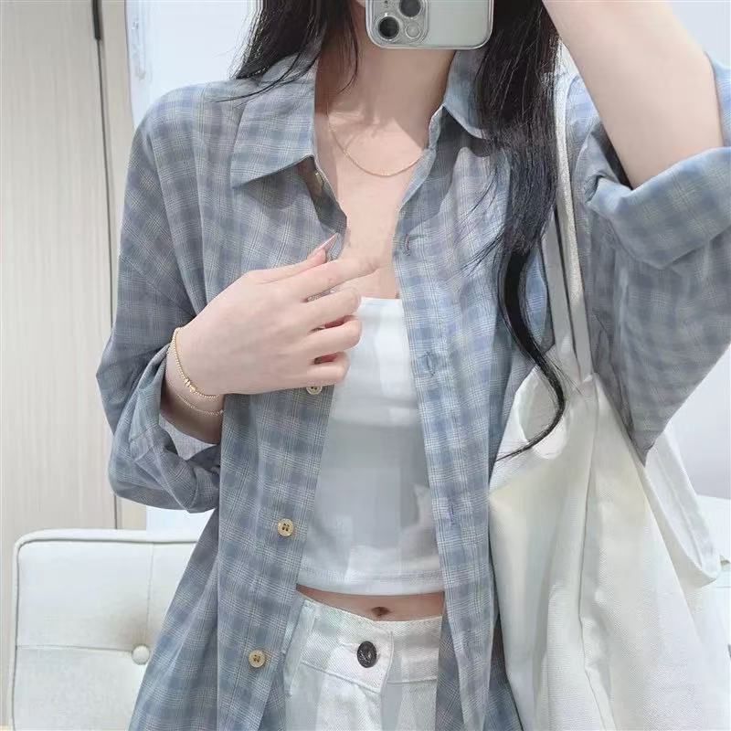 小个子格纹衬衫2025韩系薄款宽松休闲衬衣慵懒风百搭上衣外穿ins|undefined