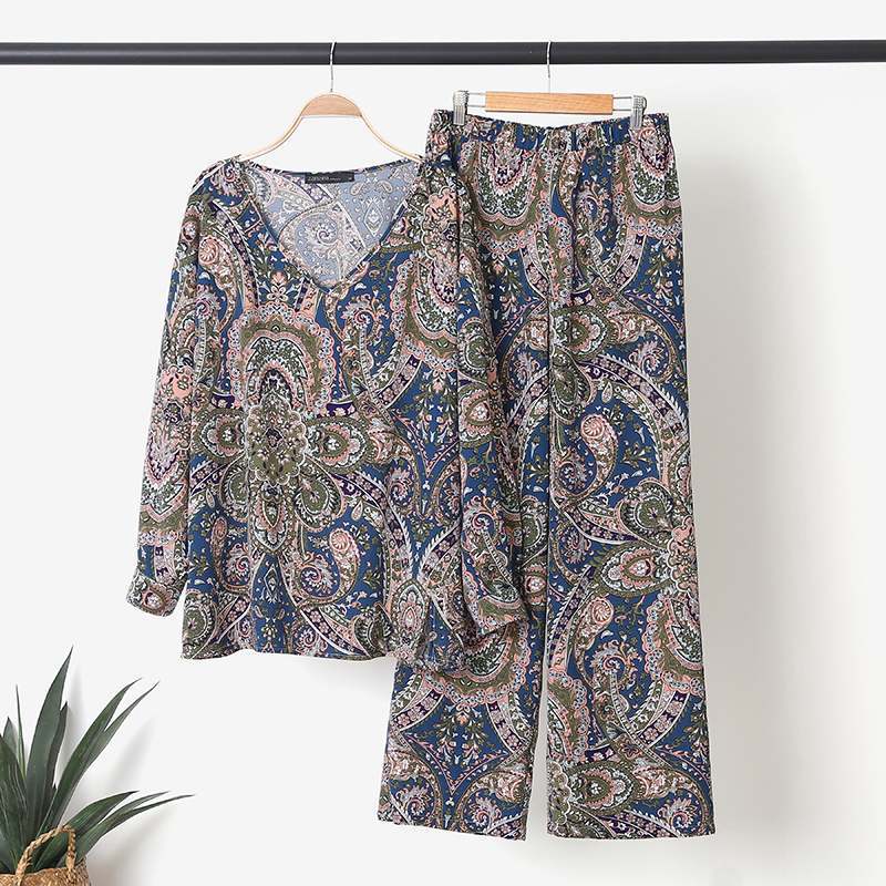 Ensemble haut fleuri à col en V pour femme, pantalon ample à taille élastique, manches longues, style bohème élégant, idéal pour le printemps_voghion.com