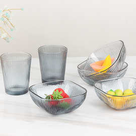 竖纹玻璃杯碗六件套家用玻璃餐具水果沙拉碗套装节庆活动会销礼品
