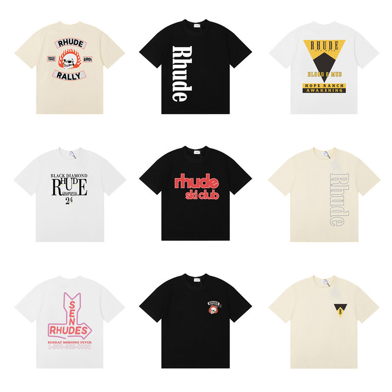 25Ss Cross-Border European and American Trendy Brand Rhude Micro-Logo Letter Skull Print Short-Sleeve T-Shirt for Men and Women, American High Street Style Half-Sleeve