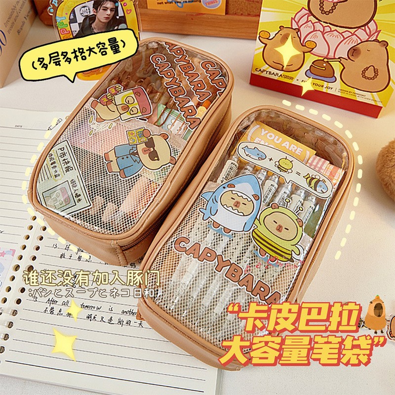 Estilo coreano lindo transparente de gran capacidad estuche de lápiz de estudiante creativo simple ins chica japonesa de múltiples capas estuche de lápiz multifuncional