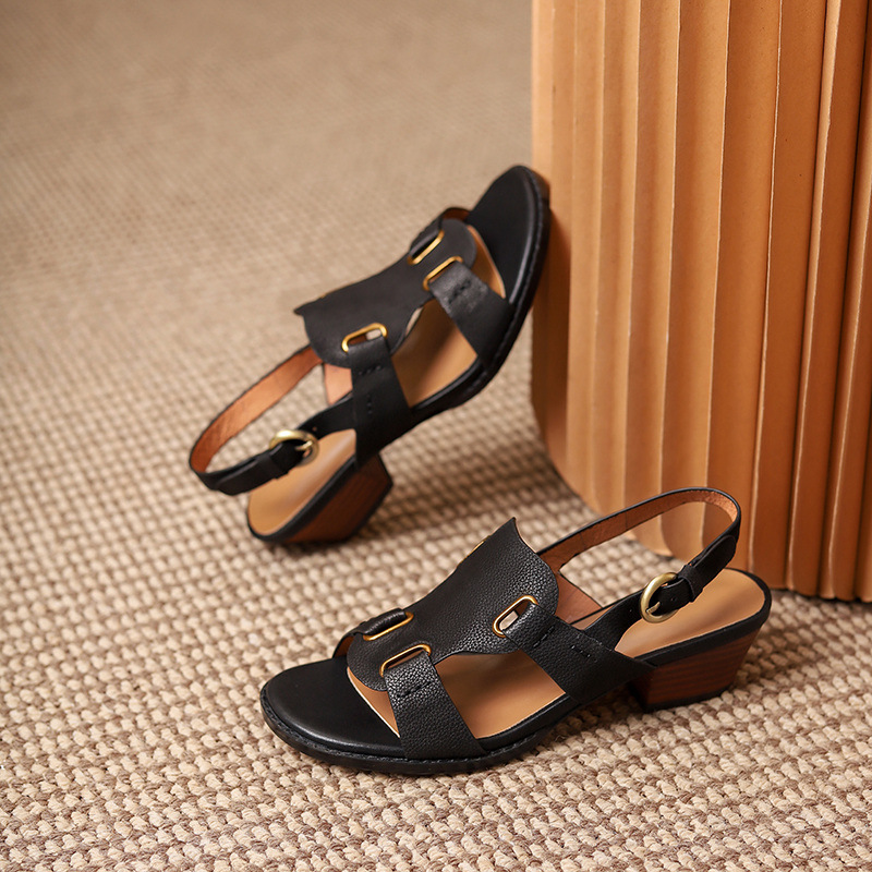 Sandal La Mã cổ điển hở mũi quai khóa gót dày nữ — Màu nâu