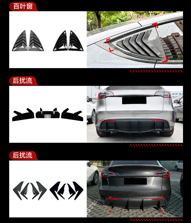 Applicable to 2019+ Tesla Model Y Front Lip, Front Wind Blade, Louver, Rear Blade, Rear Wing, and Full Vehicle Modification