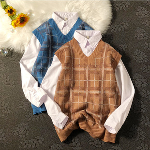 Hong Kong Style Japanese Style Retro Plaid Knitted Vest Men's Trendy Brand Street bf Ancient Couple's Waistcoat Sleeveless Sweater Vest