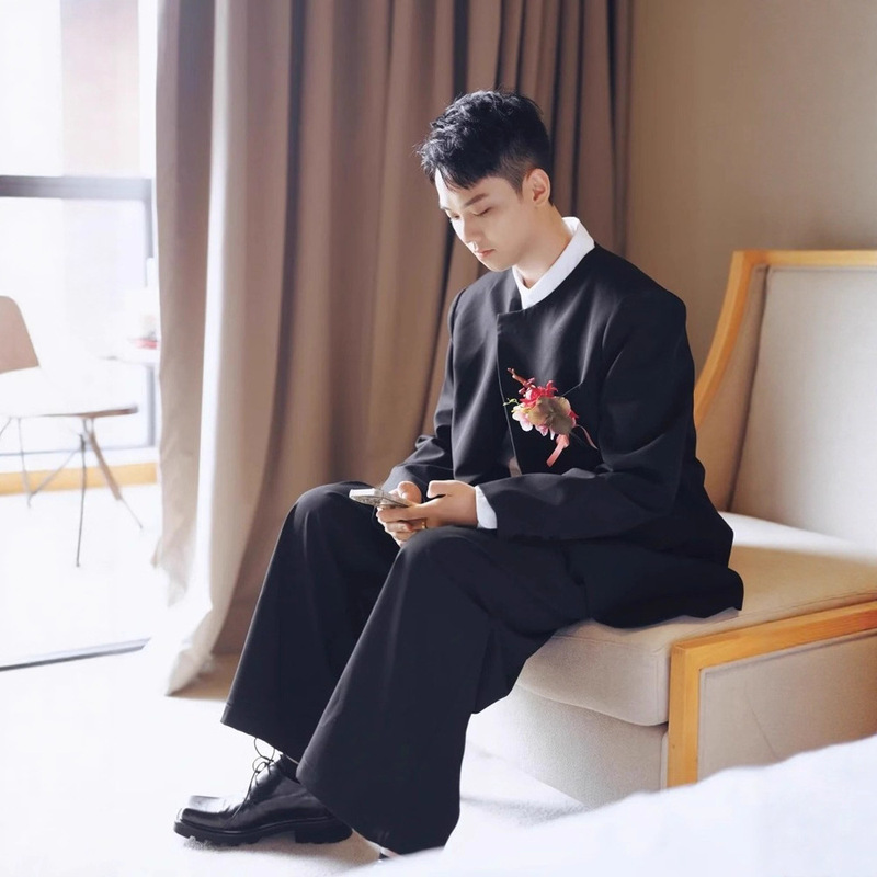 New Chinese Style Men's Suit Niche Groom Trendy Brand Suit Black Round Neck Loose Handsome Casual Suit Jacket