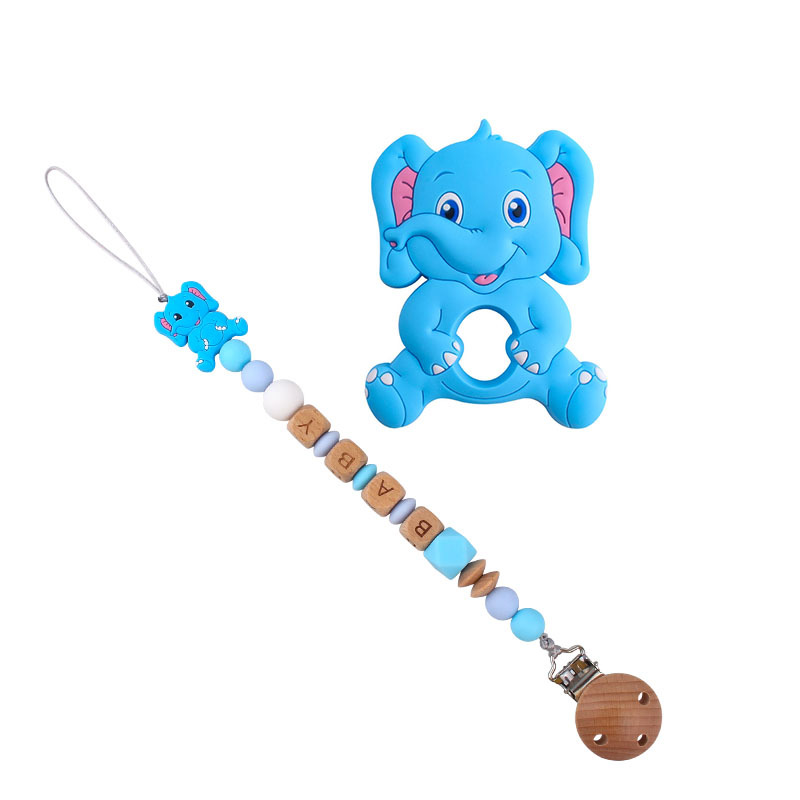 Bebé de dibujos animados elefante de silicona teether stick teether nuevo bebé nombre chupete cadena traje