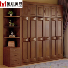 現代新中式實木衣櫃三四五六對開門橡膠木儲物櫃小戶型卧室大婚床