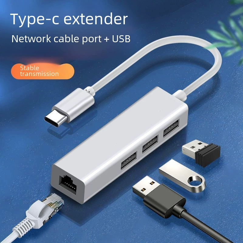 Сетевая карта USB3.1 из алюминиевого сплава Type-C - RJ45 с 1 портом 3.0, 2 портами 2.0HUB, сетевая карта с накопителем 100 Мбит/с